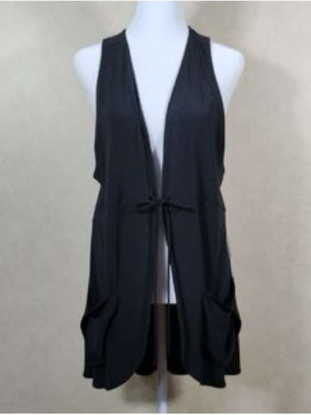 Sympli Sleeveless tie front keyhole back vest pockets black 6
